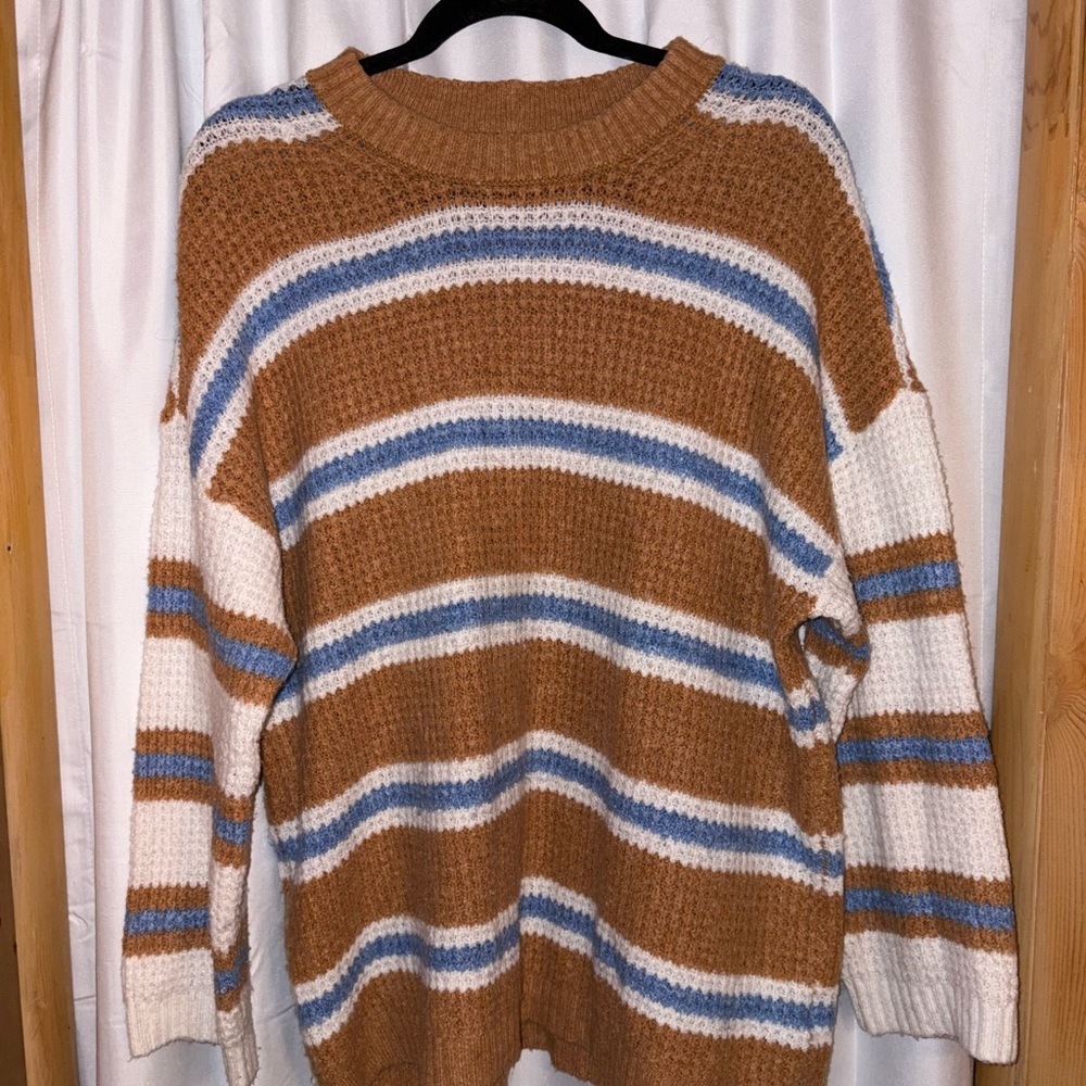 American Eagle Outfitters Tan and Blue Striped Crewneck Sweater